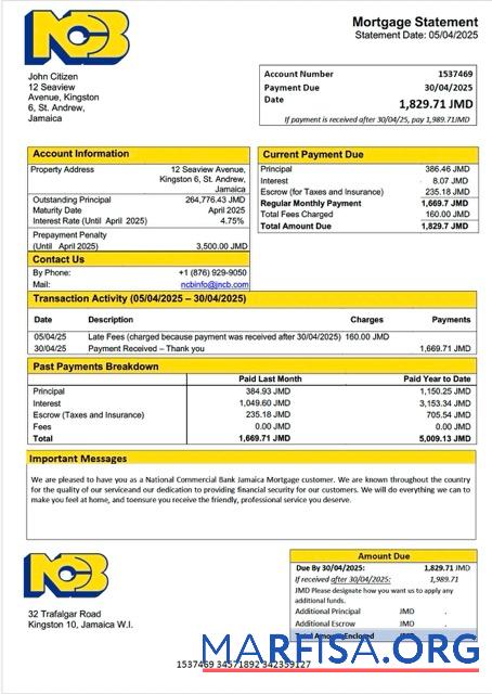 Realistic Jamaica National Commercial Bank Jamaica Limited (NCB) mortgage statement Word and PDF template